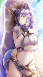 Rule 34 | 1girl, animal ear fluff, animal ears, arm under breasts, ashina merou, beach, belt, bikini, blue sky, blush, bracelet, breasts, brown eyes, chain, closed mouth, criss-cross halter, day, halterneck, hand on own chest, highres, jewelry, large breasts, looking to the side, makoto (princess connect!), makoto (summer) (princess connect!), medium hair, navel, palm tree, princess connect!, purple bikini, purple hair, see-through, shirt, short sleeves, sidelocks, sky, solo, sunlight, swimsuit, tail, thighs, tied shirt, tree, wet, white shirt, wolf ears, wolf girl, wolf tail