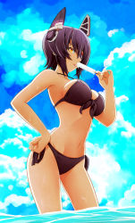 Rule 34 | 10s, 1girl, bikini, black bikini, black hair, breasts, cloud, contrapposto, day, food, front-tie top, hand on own hip, headgear, highres, kantai collection, large breasts, navel, popsicle, red eyes, short hair, side-tie bikini bottom, solo, standing, strap gap, swimsuit, tenryuu (kancolle), tsukumo (soar99), wading, water, wet