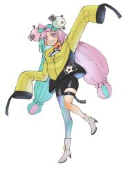 Rule 34 | 1girl, alice (plus392133645), arm up, black shorts, boots, character hair ornament, commentary request, creatures (company), full body, game freak, green hair, grey footwear, hair ornament, high heel boots, high heels, iono (pokemon), jacket, long hair, multicolored hair, nintendo, pokemon, pokemon sv, purple eyes, purple hair, sharp teeth, shirt, shorts, single leg pantyhose, sleeves past fingers, sleeves past wrists, smile, solo, teeth, thigh strap, twintails, two-tone hair, white shirt, yellow jacket