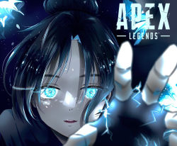 Rule 34 | 1girl, animification, apex legends, black scarf, blue eyes, blurry, blurry foreground, copyright name, electricity, fingerless gloves, gloves, glowing, glowing eyes, hair bun, logo, nepitasu, nose piercing, open hand, open mouth, parted bangs, piercing, portrait, scarf, single hair bun, solo, wraith (apex legends)