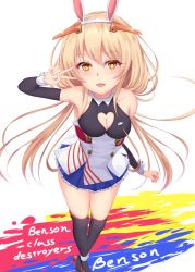 Rule 34 | 1girl, animal ears, azur lane, benson (azur lane), black thighhighs, blonde hair, blue skirt, breasts, character name, cleavage, cleavage cutout, clothing cutout, collarbone, crossed ankles, cuff links, detached sleeves, eyes visible through hair, fake animal ears, floating hair, from above, hair between eyes, hair ornament, hairband, headband, headgear, highres, long hair, medium breasts, miniskirt, one eye closed, open mouth, orange eyes, pleated skirt, rabbit hair ornament, rudder footwear, shiro usagi, shirt, sidelocks, skirt, sleeveless, smile, solo, standing, standing on one leg, thighhighs, tongue, twintails, underbust, v, v over eye, zettai ryouiki