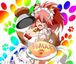 Rule 34 | 1girl, animal ear fluff, animal ears, animal hands, apron, bell, blush, breasts, cat hair ornament, cat paws, cleavage, collar, commentary, commentary request, fangs, fate/grand order, fate (series), food, fox ears, fox girl, fox tail, gloves, hair ornament, hair ribbon, highres, japanese flag, jingle bell, k (kite), large breasts, long hair, looking at viewer, maid headdress, mini flag, naked apron, neck bell, omelet, omurice, one eye closed, open mouth, paw gloves, pink hair, red ribbon, ribbon, solo, tail, tamamo (fate), tamamo cat (fate), yellow eyes