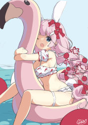 Rule 34 | 1girl, absurdres, apple hair ornament, bare shoulders, bikini, blue eyes, blue sky, breasts, cleavage, day, detached sleeves, feet out of frame, food-themed hair ornament, groin, hair ornament, hair ribbon, highres, long hair, looking at viewer, medium breasts, navel, neki (wakiko), hugging object, one eye closed, open mouth, original, outdoors, pink hair, puffy short sleeves, puffy sleeves, rabbit, red ribbon, ribbon, short sleeves, signature, sitting, sky, solo, swimsuit, unfinished, very long hair, water, white bikini, white sleeves, wing hair ornament