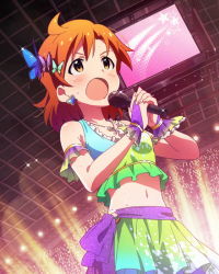 Rule 34 | 10s, ahoge, audience, blush, bridal gauntlets, brown eyes, brown hair, bug, butterfly, butterfly hair ornament, character name, earrings, glowstick, hair ornament, idolmaster, idolmaster million live!, insect, jewelry, microphone, midriff, music, navel, necklace, official art, short hair, singing, solo, stage, yabuki kana