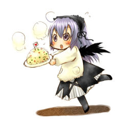 Rule 34 | 00s, 1girl, :o, apron, black wings, blush, cake, carrying, food, full body, hair between eyes, heart, long sleeves, lowres, open mouth, plate, pocket, purple eyes, rozen maiden, short hair, silver hair, solo, suigintou, tripping, wings