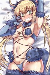 Rule 34 | 1girl, animal ears, armpits, artoria caster (fate), artoria pendragon (fate), blonde hair, cosplay, ebora, fate/grand order, fate (series), fur-trimmed gloves, fur-trimmed legwear, fur bikini, fur collar, fur trim, gloves, green eyes, highres, long hair, looking at viewer, mash kyrielight, mash kyrielight (cosplay), mash kyrielight (dangerous beast), mash kyrielight (dangerous beast) (cosplay), o-ring, o-ring top, purple gloves, purple tail, revealing clothes, tail, wolf ears, wolf tail
