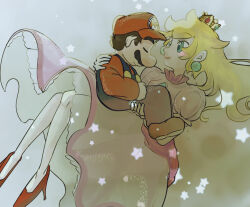 Rule 34 | 1boy, 1girl, blonde hair, blue eyes, brown hair, closed eyes, crown, dress, earrings, face-to-face, facial hair, gloves, grin, hat, height difference, high heels, highres, holding, jewelry, legs, long hair, looking at another, mario, mario (series), mustache, nintendo, overalls, pink dress, princess peach, sitting, sitting on lap, sitting on person, smile, super mario bros. 1