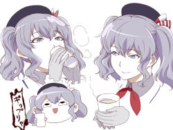 Rule 34 | 1girl, blue eyes, blue headwear, blush, chibi, closed mouth, cup, drinking, gloves, grey gloves, grey hair, hat, holding, holding cup, ishii hisao, kantai collection, kashima (kancolle), multiple views, neckerchief, pinky out, red neckerchief, simple background, smile, twintails, white background