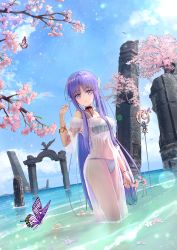Rule 34 | 1girl, alternate costume, aomaru (shta-chu-jisuiai), beach, bikini, blue background, breasts, bug, butterfly, collarbone, fate/grand order, fate (series), hair ornament, highres, insect, long hair, looking at viewer, medea (lily) (fate), ocean, ruins, smile, solo, swimsuit, thighs