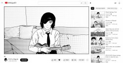 Rule 34 | 1girl, artfulguy63, artist name, black hair, chainsaw man, collared shirt, commentary, couch, cr1tikal, empty eyes, english commentary, english text, expressionless, eyepatch, fake screenshot, fake website, greyscale, highres, himeno (chainsaw man), holding, holding instrument, instrument, long sleeves, looking at viewer, miranda sings, monochrome, parody, pillow, real life, screentones, shirt, short hair, sitting, solo, straight-on, ukulele, upper body, video thumbnail, white shirt, wing collar, youtube, youtube logo