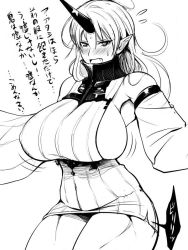 Rule 34 | 1girl, abyssal ship, blush, breasts, cosplay, detached sleeves, diisuke, dress, greyscale, horns, hoshiguma yuugi, huge breasts, kantai collection, large breasts, long hair, monochrome, oni, pointy ears, red eyes, ribbed dress, ripping, seaport hime (cosplay), seaport princess, short dress, sideboob, simple background, single horn, solo, thighs, torn clothes, touhou, trait connection, translation request, very long hair, white background