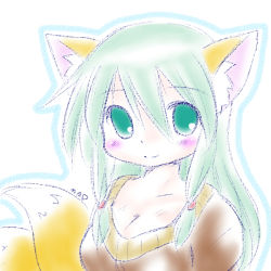 Rule 34 | 1girl, animal ears, blush, borrowed character, breasts, cleavage, fox ears, fox tail, green eyes, green hair, long hair, mad (kusakabe), matching hair/eyes, multiple tails, original, shiina isana, simple background, smile, solo, tail, white background