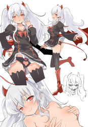 Rule 34 | 1girl, ass, black dress, black panties, black thighhighs, blush, breasts, butt crack, caburi aki, closed mouth, clothing cutout, demon girl, dress, grim aloe, hair between eyes, heart, heart cutout, heart print, highres, jitome, long hair, long sleeves, looking at viewer, low wings, medium breasts, multiple views, open mouth, panties, quiz magic academy, red eyes, sailor dress, simple background, smile, thighhighs, twintails, underwear, white background, white hair, wings