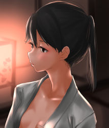 Rule 34 | 1girl, alternate costume, black hair, blouse, blush, breasts, brown eyes, closed mouth, hair between eyes, high ponytail, highres, houshou (kancolle), kantai collection, lamp, looking away, nape, no bra, ponytail, shirt, small breasts, solo, tama (tamago), white shirt