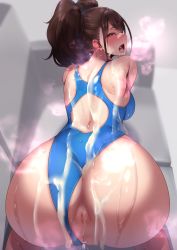 Rule 34 | 1girl, absurdres, aftersex, all fours, andou you, artist request, ass, bare shoulders, blue one-piece swimsuit, blush, breasts, brown eyes, brown hair, cameltoe, clothing aside, come hither, cum, cum on body, curvy, from behind, highres, huge ass, kujikawa rise, large breasts, leotard, long hair, looking at viewer, looking back, moaning, one-piece swimsuit, persona, persona 4, presenting, sex, shiny clothes, shiny skin, sideboob, smile, solo, sweat, swimsuit, swimsuit aside, thong leotard, thong one-piece swimsuit, twintails, wide hips