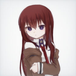 Rule 34 | 1girl, breasts, bright pupils, brown jacket, closed mouth, collared shirt, dot nose, expressionless, grey background, hair between eyes, hand on own arm, jacket, kanzaki nyo, long hair, long sleeves, looking at viewer, makise kurisu, necktie, open clothes, open jacket, purple eyes, red hair, red necktie, shirt, sidelocks, simple background, small breasts, solo, steins;gate, twitter username, upper body, watermark, white pupils, white shirt