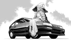 Rule 34 | car, closed mouth, coat, commentary, dress, elden ring, english commentary, extra arms, extra eyes, fur coat, greyscale, hat, highres, honda cr-x, looking at viewer, making-of available, monochrome, motor vehicle, one eye closed, ranni the witch, simple background, sitting, vehicle focus, witch hat, y naf