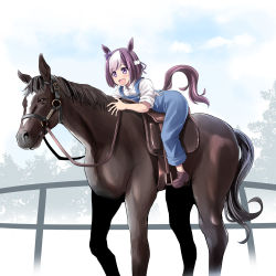 Rule 34 | 1girl, :d, aged down, animal connection, animal ears, bow, brown footwear, brown hair, collared shirt, commentary request, ear ribbon, hachimaki, hairband, headband, horse, horse ears, horse girl, horse tail, irony, leaning forward, long hair, multicolored hair, name connection, no socks, open mouth, overalls, partial commentary, purple bow, purple eyes, real life, recursion, riding, shirt, shoes, short hair, short sleeves, smile, solo, special week (umamusume), swept bangs, tail, tonpuu, two-tone hair, umamusume, white hairband, white headband, white shirt