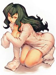 Rule 34 | &gt;:&lt;, 10s, 1girl, :&lt;, ass, bags under eyes, breasts, chestnut mouth, cleavage, closed mouth, coat, fumio (rsqkr), fuwa hyouka, green hair, kneeling, lab coat, naked coat, naked labcoat, naughty face, red eyes, shimoneta to iu gainen ga sonzai shinai taikutsu na sekai, simple background, sleeves past wrists, solo, thighs, v-shaped eyebrows