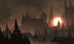 Rule 34 | bird, bloodborne, bloom, building, castle, city, cityscape, cloud, cloudy sky, dusk, from software, light, no humans, outdoors, rooftop, scenery, sky, snatti, spire, sun, sunset, tower