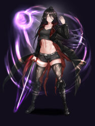 Rule 34 | 1girl, abs, absurdres, belt, black hair, boots, breasts, coat, commission, commissioner upload, crop top, dixcroix, grey eyes, heterochromia, highres, holding, holding sword, holding weapon, long hair, looking at viewer, medium breasts, midriff, multicolored hair, non-web source, original, purple hair, simple background, sword, thighhighs, thighs, torn clothes, trench coat, two-tone hair, weapon, yellow eyes