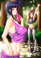 Rule 34 | 2girls, absurdres, alternate hairstyle, arm up, ass, bike shorts, breasts, brown hair, butt crack, cleavage, evil-dei, forest, highres, hyuuga hanabi, hyuuga hinata, large breasts, looking back, midriff, multiple girls, naruto: the last, naruto (series), nature, navel, one eye closed, outdoors, pants, ponytail, purple eyes, purple hair, siblings, sidelocks, spandex, stomach, stretching, sunlight, sweat, sweatpants, tank top, tree, wink