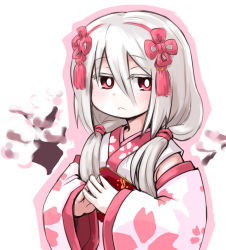Rule 34 | 1girl, cherry blossoms, detached sleeves, exice-zero, fingers together, grey hair, hair between eyes, hair ribbon, highres, japanese clothes, kimono, kugelschreiber, long hair, low twintails, original, ribbon, solo, twintails, upper body