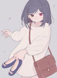 Rule 34 | 1girl, absurdres, bag, black eyes, black hair, blush, character request, closed mouth, flats, grey background, heterochromia, highres, holding, holding shoes, long shirt, long sleeves, looking at viewer, medium hair, red eyes, shirt, shoes, simple background, solo, unreal life, white shirt, yunoki itsugu