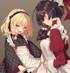 Rule 34 | 2girls, :q, alternate costume, apron, apron hold, black bow, black hairband, black kimono, black sleeves, blonde hair, blue eyes, bow, braid, brown hair, closed mouth, cowboy shot, dress, enmaided, eyelashes, fang, flower knot, frilled apron, frilled bow, frilled hair tubes, frilled hairband, frills, from side, grey background, hair bow, hair ribbon, hair tubes, hairband, hakurei reimu, hand on own hip, highres, japanese clothes, juliet sleeves, kimono, kirisame marisa, light blush, long hair, long sleeves, looking at self, looking at viewer, maid, medium hair, multiple girls, open mouth, puffy sleeves, red bow, red dress, red eyes, red ribbon, red sleeves, ribbon, sidelocks, simple background, single braid, skin fang, sleeves past wrists, smile, sweatdrop, tongue, tongue out, touhou, usamata, wa maid, white apron, wide sleeves