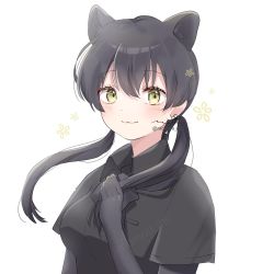 Rule 34 | 1girl, :3, animal ears, black gloves, black hair, black leopard (kemono friends), black shirt, collared shirt, commentary request, elbow gloves, extra ears, flower, gloves, hand in own hair, highres, kemono friends, leopard ears, leopard girl, long hair, looking at viewer, momon mc, shirt, short sleeves, signature, solo, twintails, upper body, yellow eyes