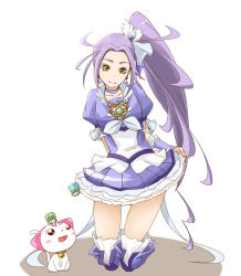 Rule 34 | 10s, 1girl, boots, brooch, cat, choker, cure beat, dress, earrings, frills, hair ornament, heart, hummy (suite precure), jewelry, kurokawa eren, lary, long hair, magical girl, open mouth, precure, purple hair, ribbon, seiren (suite precure), side ponytail, smile, sory, suite precure, thigh boots, thighhighs, yellow eyes, yonekura hisaki