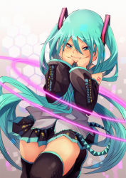 Rule 34 | 1girl, aqua eyes, aqua hair, boots, detached sleeves, fang, fu-ta, hands on own cheeks, hands on own face, hatsune miku, long hair, skirt, solo, thigh boots, thighhighs, twintails, very long hair, vocaloid