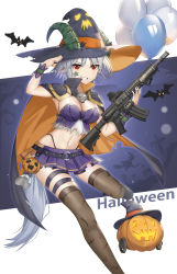 Rule 34 | 1girl, animal ears, balloon, bat (animal), black footwear, breasts, brown thighhighs, cape, cleavage, commentary request, crop top, facial mark, full body, goat ears, goat horns, grin, gun, hair between eyes, halloween, hand up, hat, highleg, highleg panties, highres, holding, holding weapon, horns, horns through headwear, hosu 96, jack-o&#039;-lantern, large breasts, looking at viewer, medium breasts, midriff, miniskirt, navel, orange cape, original, panties, personification, pleated skirt, purple cape, purple hat, purple skirt, red eyes, short hair, sidelocks, silver hair, skindentation, skirt, smile, solo, standing, standing on one leg, star (symbol), tail, thigh strap, thighhighs, torn cape, torn clothes, two-tone cape, underwear, weapon, weapon request, witch, witch hat, wrist cuffs, zettai ryouiki
