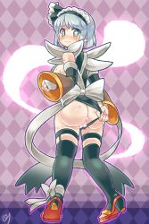 Rule 34 | 1girl, absurdres, ass, black thighhighs, breasts, choker, cleavage, closed mouth, clothing aside, commission, commissioner upload, cosplay, detached sleeves, from behind, green eyes, grey hair, heart, heart-shaped pupils, highres, iroha (samurai spirits) (cosplay), konpaku youmu, konpaku youmu (ghost), maid, maid headdress, maid leotard, panties, panties aside, pmx, samurai spirits, short hair, skeb commission, smile, solo, standing, sweat, symbol-shaped pupils, thighhighs, touhou, unconventional maid, underwear