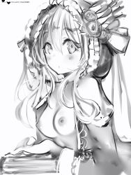 Rule 34 | 1girl, bad id, bad pixiv id, blush, book, book stack, breasts, closed mouth, fensi, flower, from side, greyscale, highres, hood, hood up, long sleeves, looking at viewer, medium breasts, monochrome, nanashi (nlo), nipples, rose, sephira su, simple background, solo, upper body, virtual youtuber, white background, wide sleeves