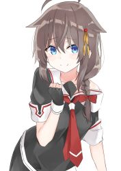 Rule 34 | 1girl, ahoge, bare shoulders, black gloves, black serafuku, blue eyes, braid, brown hair, clenched hand, fingerless gloves, gloves, hair flaps, hair ornament, hair over shoulder, hair ribbon, highres, kantai collection, long hair, looking at viewer, necktie, red necktie, red ribbon, ribbon, school uniform, senx, serafuku, shigure (kancolle), shigure kai ni (kancolle), simple background, single braid, smile, solo, white background