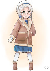 Rule 34 | 1girl, adapted costume, akashieru, artist logo, blue neckerchief, blue sailor collar, blue skirt, brown eyes, brown jacket, commentary request, full body, glasses, gloves, gradient hair, grey hair, hat, highres, hirato (kancolle), jacket, kantai collection, multicolored hair, neckerchief, one-hour drawing challenge, pantyhose, pleated skirt, sailor collar, sailor hat, school uniform, serafuku, skirt, solo, standing, wavy hair, white gloves, white hat, white pantyhose