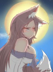 Rule 34 | 1girl, absurdres, animal ears, breasts, brown hair, cube85, full moon, highres, imaizumi kagerou, large breasts, long hair, moon, pout, red eyes, signature, solo, tail, touhou, wolf ears, wolf tail
