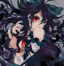 Rule 34 | 1girl, black hair, black wings, bow, commentary request, feathered wings, green bow, grey background, hair between eyes, hair bow, hair censor, hand up, highres, long hair, looking at viewer, open clothes, open shirt, red eyes, reiuji utsuho, shirt, simple background, solo, touhou, toutenkou, upper body, white shirt, wings
