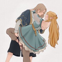 Rule 34 | 2girls, bare shoulders, black shorts, blonde hair, blue dress, blue jacket, blush, braid, brown hair, cappychinos, commentary, dancing, dress, dungeon meshi, elf, english commentary, eye contact, falin touden, feet out of frame, french braid, from side, grey background, half updo, hand on another&#039;s back, hand on another&#039;s leg, highres, jacket, leaning back, leaning forward, leaning on person, long hair, looking at another, marcille donato, medium hair, multiple girls, off-shoulder dress, off shoulder, open mouth, pants, pants under dress, parted bangs, pointy ears, profile, sandals, see-through, see-through sleeves, short dress, shorts, side braid, simple background, smile, standing, standing on one leg, surprised, yuri