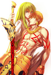 Rule 34 | 2boys, androgynous, armor, bad id, bad pixiv id, blonde hair, ea (fate/stay night), enkidu (fate), fate/hollow ataraxia, fate/stay night, fate/strange fake, fate (series), gauntlets, gilgamesh (fate), green eyes, green hair, jewelry, male focus, multiple boys, necklace, robe, short hair, tattoo, topless male, white background, yu deng