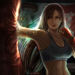 Rule 34 | 1girl, armpits, breasts, brown eyes, brown hair, clenched hands, commentary, crop top, dice9633, final fantasy, final fantasy vii, fingerless gloves, gloves, large breasts, long hair, midriff, parted lips, punching, punching bag, red gloves, shirt, solo, sports bra, tank top, taut clothes, taut shirt, tifa lockhart