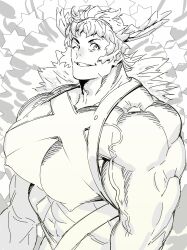 Rule 34 | 1boy, bara, chest harness, granblue fantasy, greyscale, grin, halo, halo behind head, harness, highres, horns, huge pectorals, looking at viewer, mabataki, male focus, monochrome, muscular, muscular male, nipples, one eye closed, short hair, smile, solo, thick eyebrows, upper body, uriel (granblue fantasy), veins, veiny arms