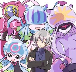 amphimon android armor bandaged_arm bandages blue_eyes digimon digimon_(creature) digimon_ghost_game diving_suit full_armor gotm_tknr gynoid higashimitarai_kiyoshiro highres jellyfish_girl jellymon mask mecha_girl monster_girl no_eyes robot_girl short_hair tentacle_hair tentacles teslajellymon thetismon white_hair