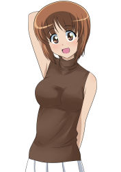 Rule 34 | 1girl, absurdres, arm behind back, arm behind head, arm up, black shirt, brown eyes, brown hair, casual, commentary, girls und panzer, highres, looking at viewer, nishizumi miho, open mouth, pleated skirt, shirt, short hair, simple background, skirt, sleeveless, sleeveless shirt, smile, solo, turtleneck, upper body, wakku kan, white background, white skirt