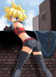 Rule 34 | 1boy, arm support, blonde hair, blue eyes, blush, boots, cloud, cosplay, gloves, kyle dunamis, leaning forward, looking at viewer, looking back, male focus, midriff, naughty face, outdoors, rutee katrea, rutee katrea (cosplay), short hair, short shorts, shorts, sky, solo, standing, tales of (series), tales of destiny, tales of destiny 2, thigh boots, thighhighs, trap, walnut (artist)