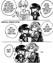 Rule 34 | 1boy, 2girls, 3koma, bracelet, brother and sister, comic, ear piercing, emo-girl (grs-), english text, flirting, greyscale, grin, grs-, hand on another&#039;s shoulder, highres, holding, holding phone, jewelry, medium hair, monochrome, multiple girls, no mouth, nu metal girl (grs-), off shoulder, one eye closed, original, phone, piercing, ponytail, short hair, short ponytail, siblings, simple background, smile, spiked bracelet, spikes, sweat, sweatdrop, teeth, typo, white background, wink star, yuri