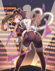 Rule 34 | 1girl, 702 (naotsu), absurdres, ass, breasts, brown eyes, brown hair, building, cat mask, city, duel monster, feet out of frame, gloves, highres, i:p masquerena, large breasts, long hair, looking at viewer, mask, mechanical tail, midriff, one eye closed, open mouth, pants, short sleeves, sidelocks, smile, solo, spread legs, tail, tongue, tongue out, twintails, v, yu-gi-oh!