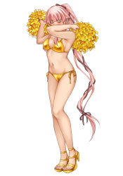 Rule 34 | 1girl, bikini, breasts, closed eyes, commentary, commentary request, covering own mouth, embarrassed, english commentary, full body, gold bikini, hair ribbon, halterneck, highres, holding, holding pom poms, kantai collection, long hair, medium breasts, mixed-language commentary, pink hair, pom pom (cheerleading), pom poms, ponytail, ribbon, side-tie bikini bottom, simple background, solo, standing, string bikini, suda (yuunagi enikki), swimsuit, toeless footwear, very long hair, white background, yura (kancolle)