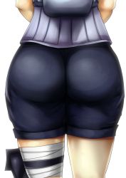 Rule 34 | 1girl, ass, ass focus, bike shorts, close-up, from behind, highres, hyuuga hinata, naruto: the last, naruto (series), sakuama, shorts, simple background, solo, standing, thighs, white background